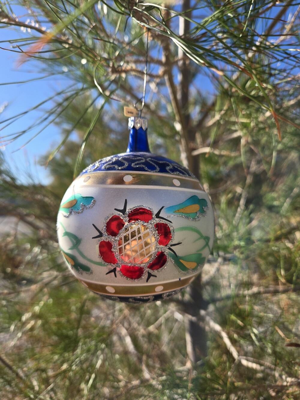 Vtg Made in Poland Floral Pattern Glass Ornament Priced To Sell Chipped Paint